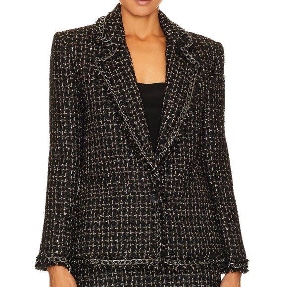 NWT Alice + Olivia Shan Tweed Chain Trim Blazer Jacket Black Metallic Size 0 - Picture 4 of 16